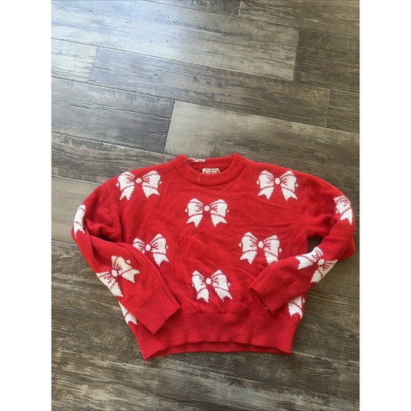 Poof Apparel Sweaters - Poof Juniors Women's Long Sleeve Bow Print Sweater Sz Medium Red Cropped Croquet